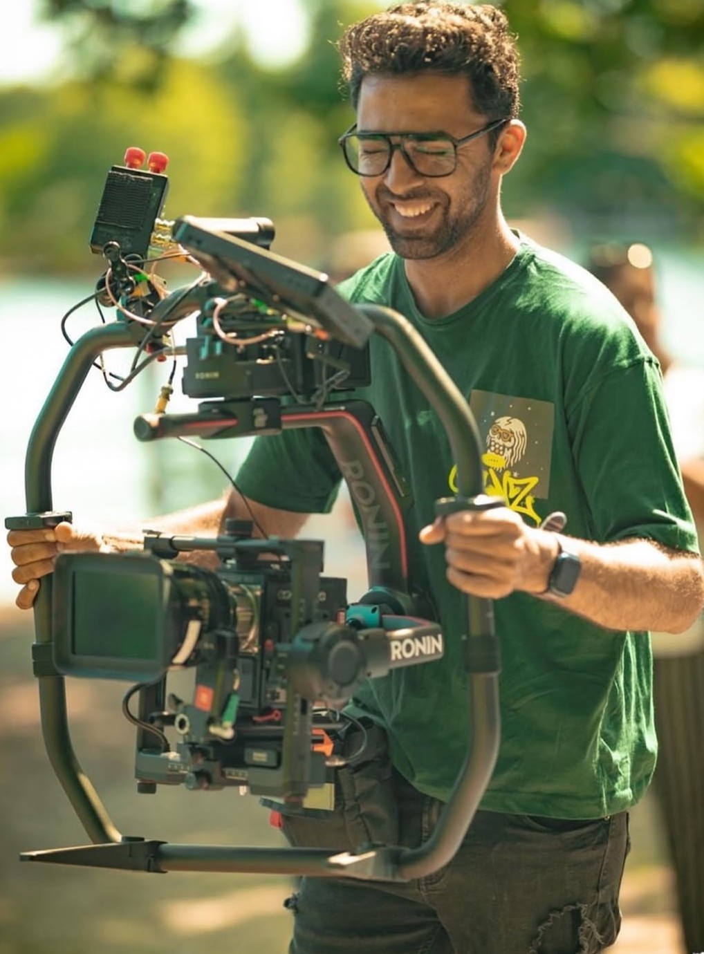 Arman Khan on set, operating a RONIN gimbal